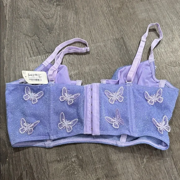 Sparkly Purple Bra Top w/ Pink Butterflies Rave EDM - Picture 3 of 4